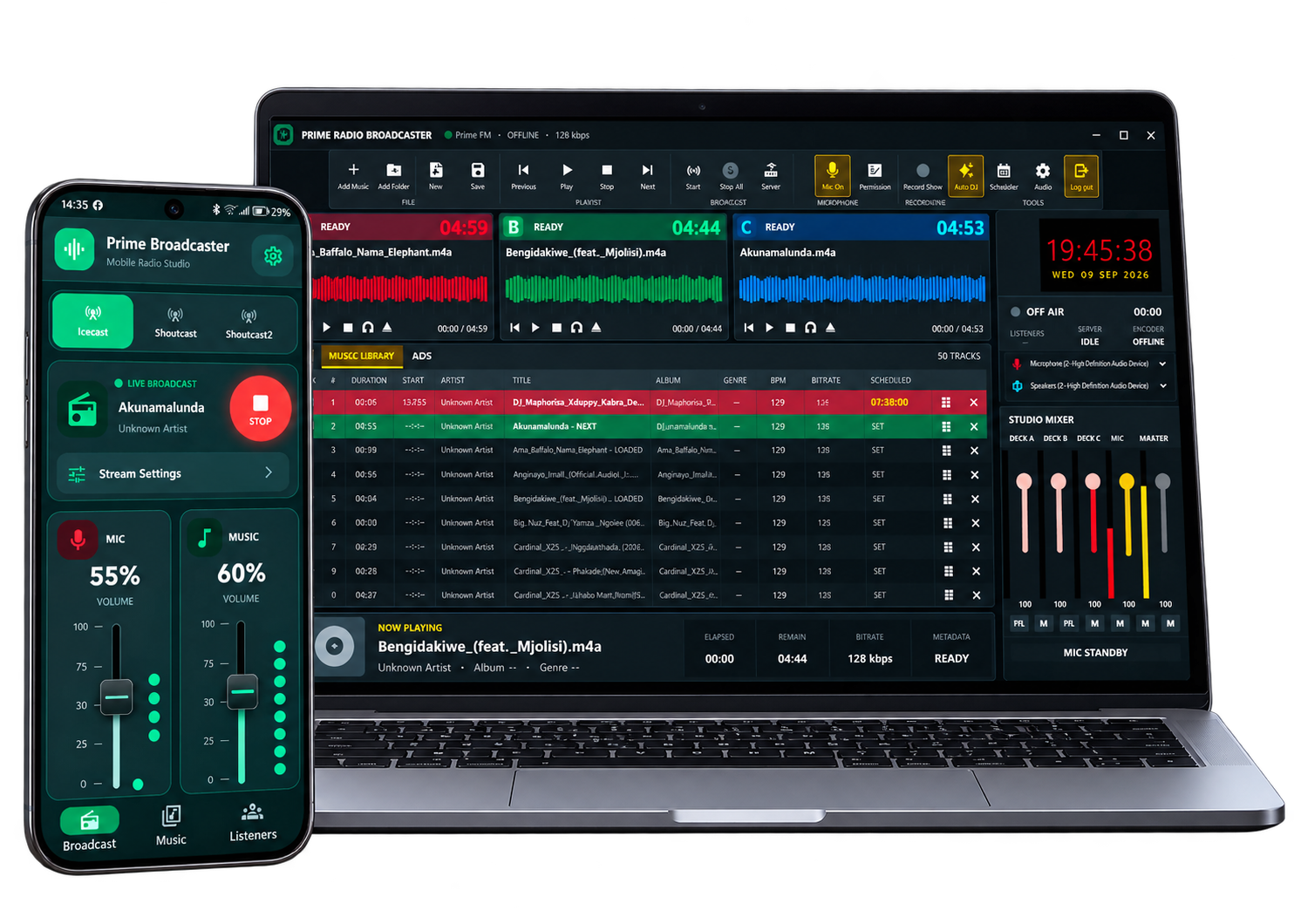 Prime Radio Broadcaster for Windows showing the music decks, library and studio mixer on a laptop with the mobile broadcaster app